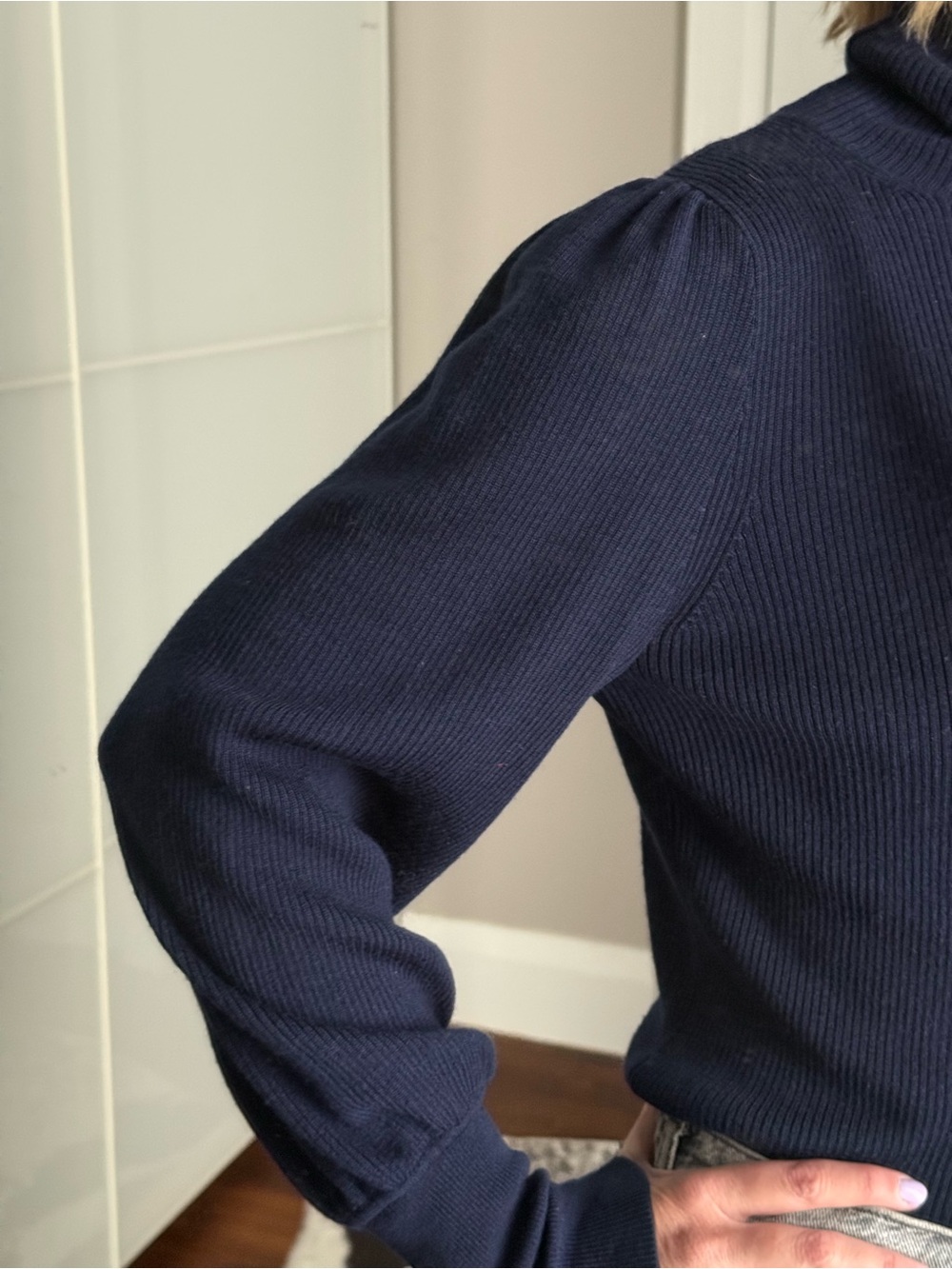J. Crew Merino Wool Navy Turtleneck Ribbed Puff-Sleeve Sweater - Picture 4 of 5